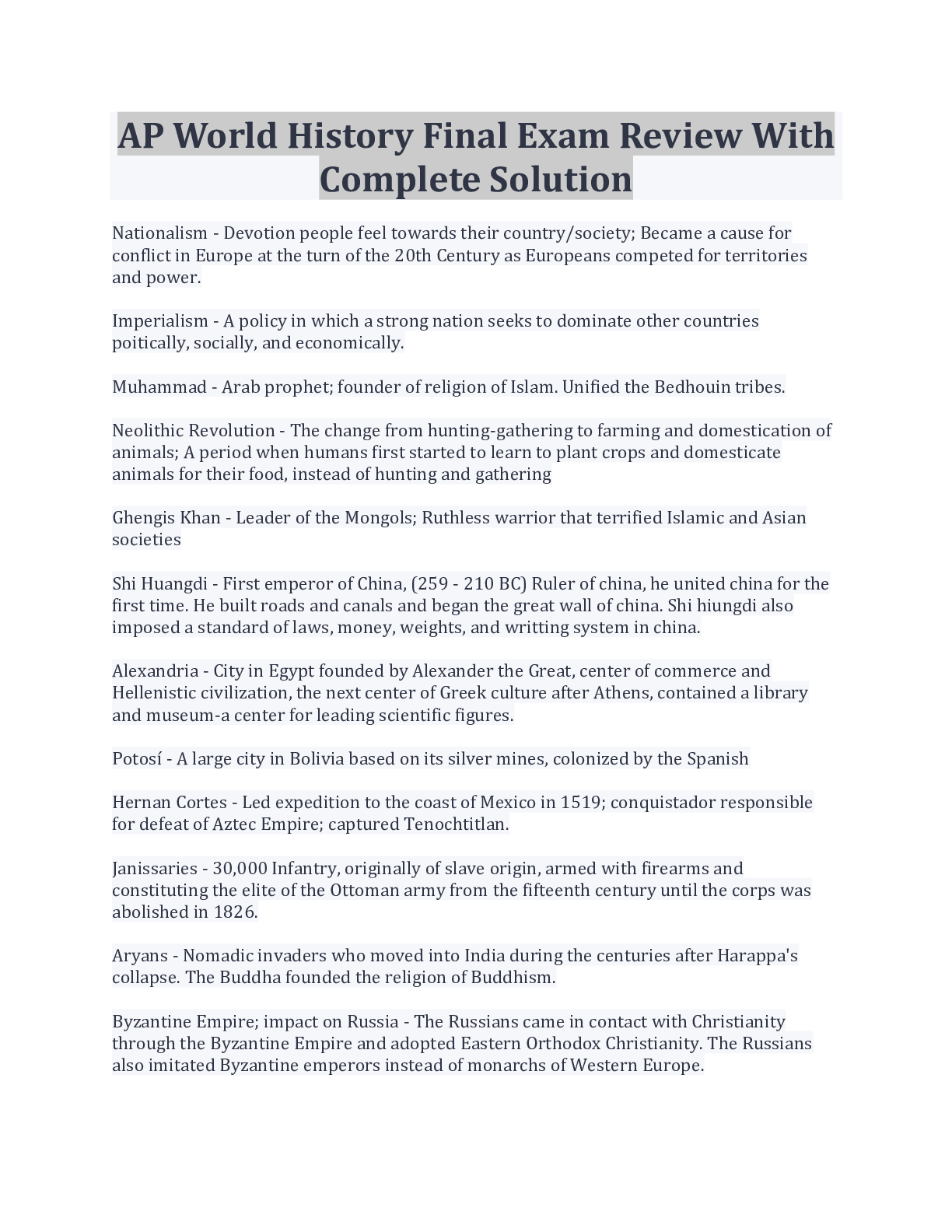 AP World History Final Exam Review With Complete Solution Browsegrades